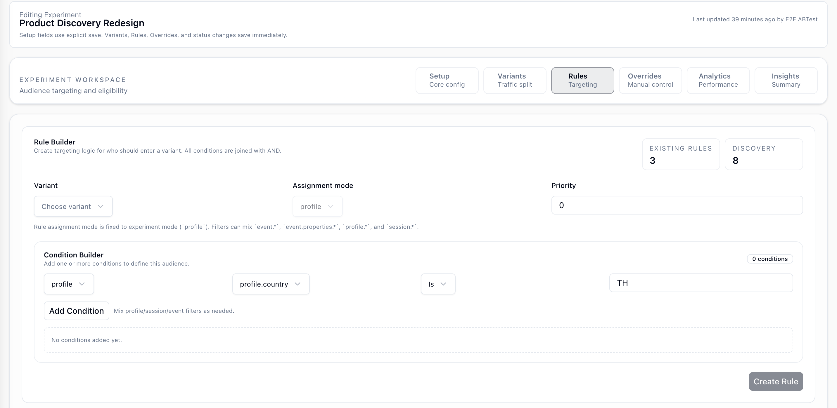 Rules tab in experiments