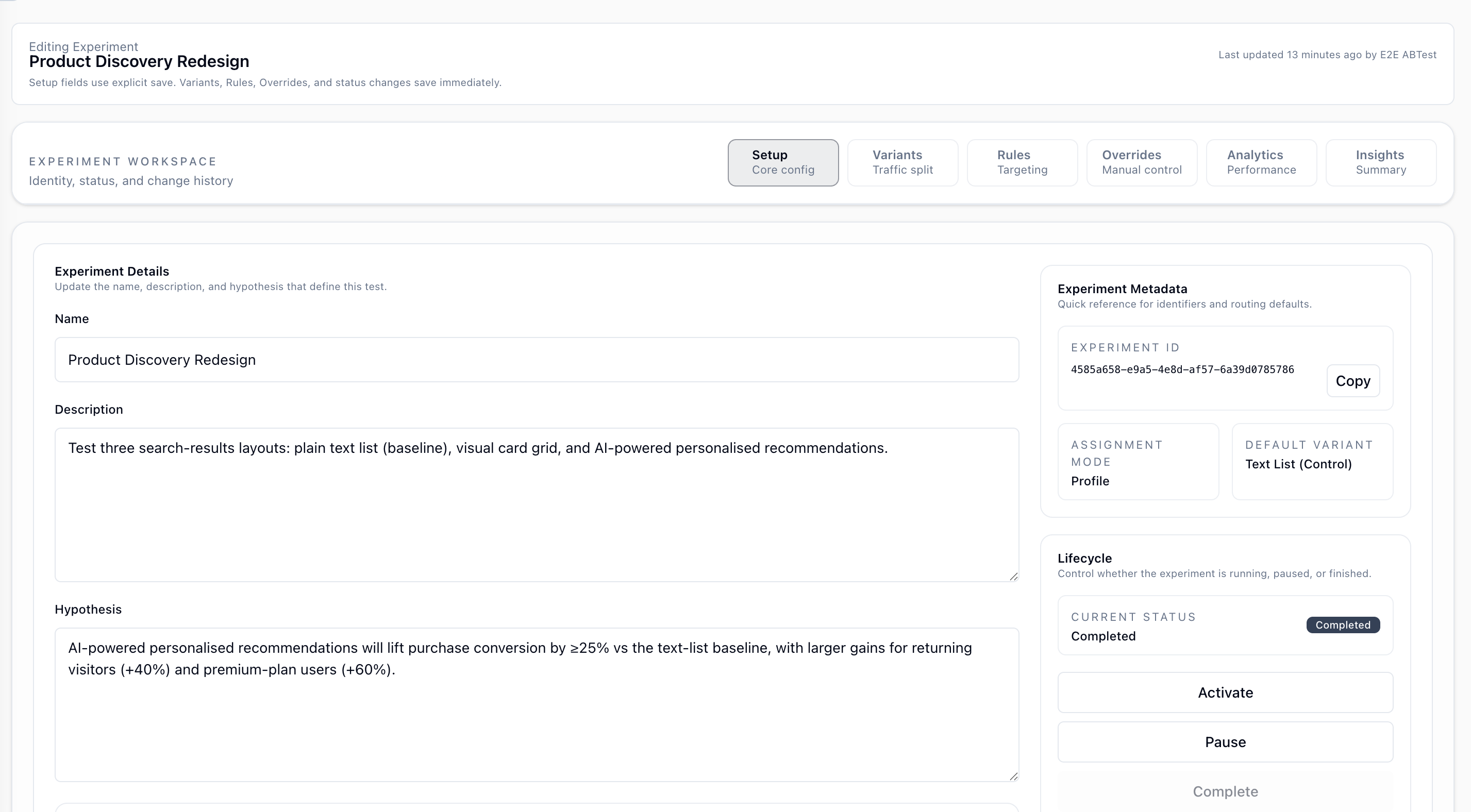 Experiment setup tab with details and conversion configuration