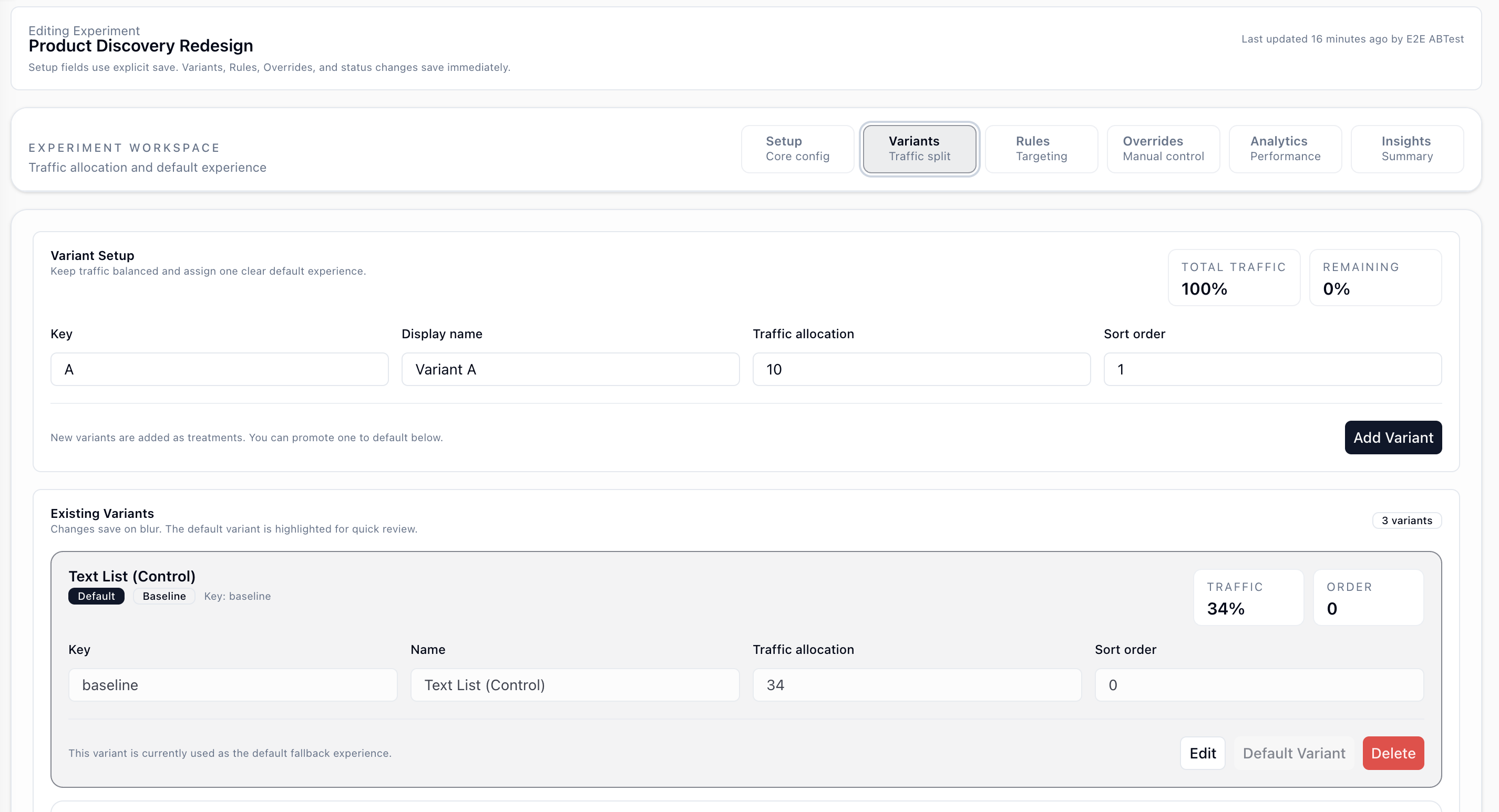 Variants tab in experiments