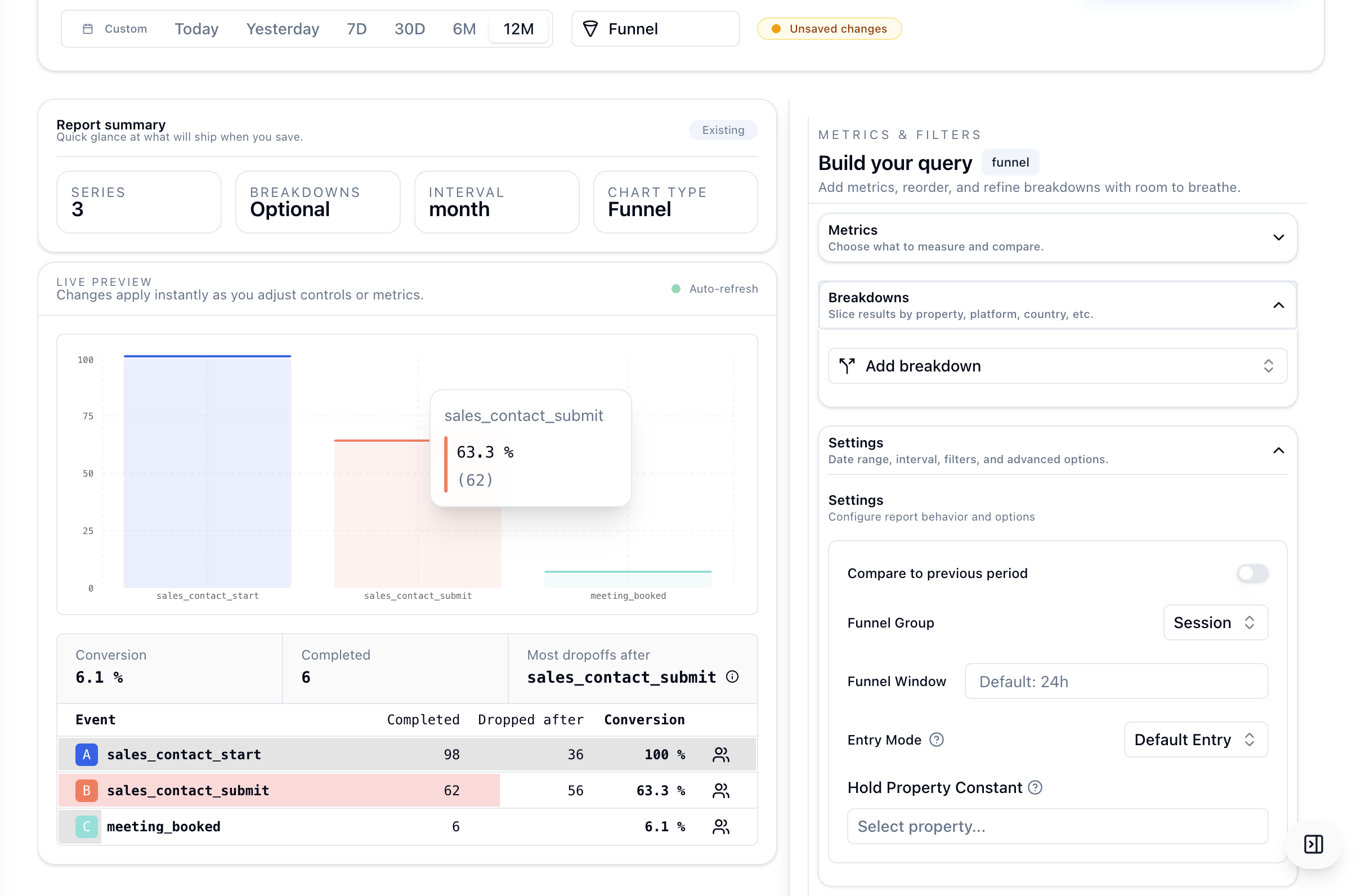 Funnels report with sidebar settings and event series configuration