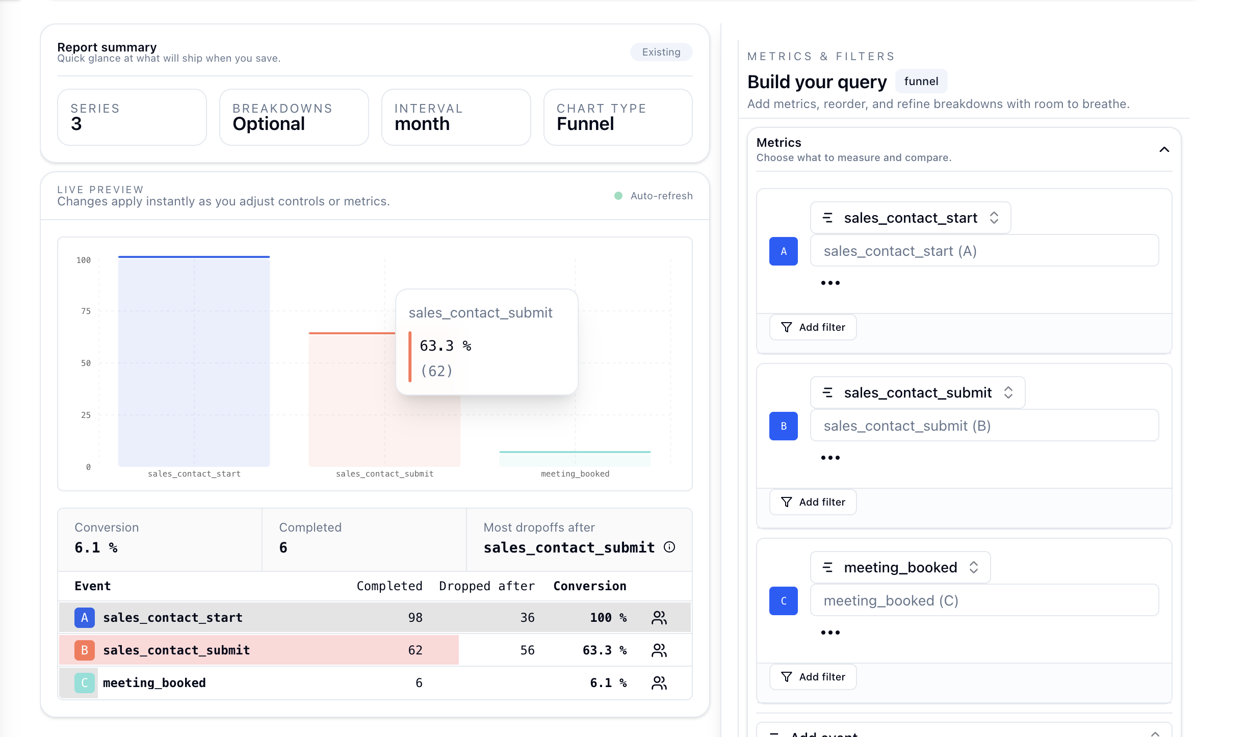 Funnel chart in Flash Analytics
