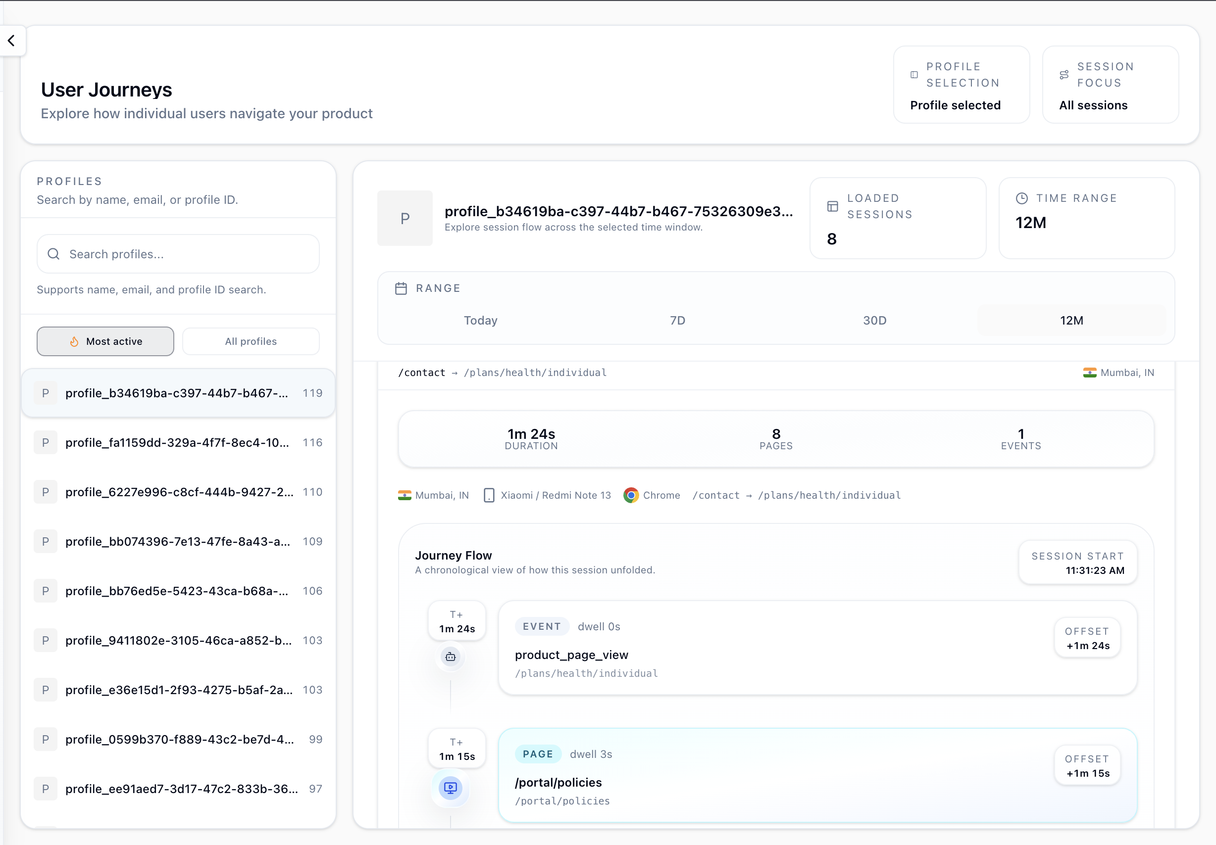 User Journeys split panel view in Flash Analytics
